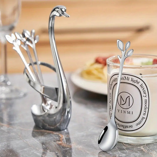 10Pcs Stainless Steel Spoons Dinnerware Set with Decorative Swan Spoon Holder Set Coffee Spoon Organizer Multifunctional Swan Base Spoon Holder for Coffee Dessert Salad