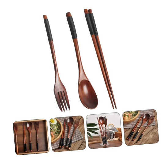 18-Piece Wooden Tableware Set with Cutlery, Wooden Spoons, Chopsticks & Forks - Handmade Kitchen Utensils for Festive Gatherings & Lunch Packing, Wooden Spoon
