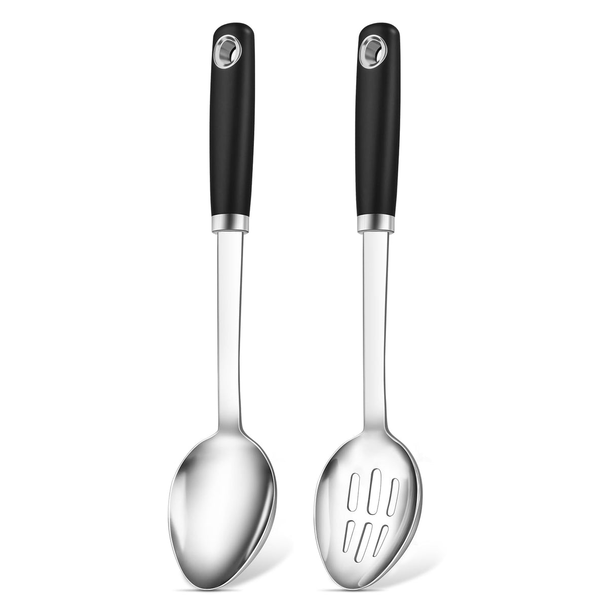 2 Pcs Stainless Steel Cooking Spoons Set, Solid & Slotted Metal Serving Spoons, Heavy Duty Sturdy Large Soup Ladle, High Heat Resistant Kitchen Cooking Utensils for Mixing, Stirring, Easy to Clean