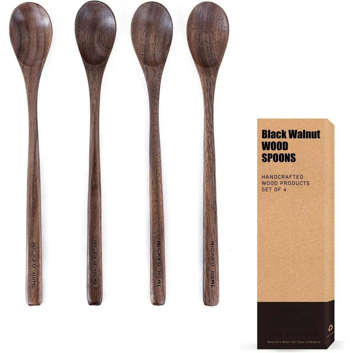 4-Piece Black Walnut Wooden Cutlery Set - Natural Wood Soup Spoons, Eco-Friendly Japanese Style Tableware Box Set for Cooking, Serving, Daily Dining