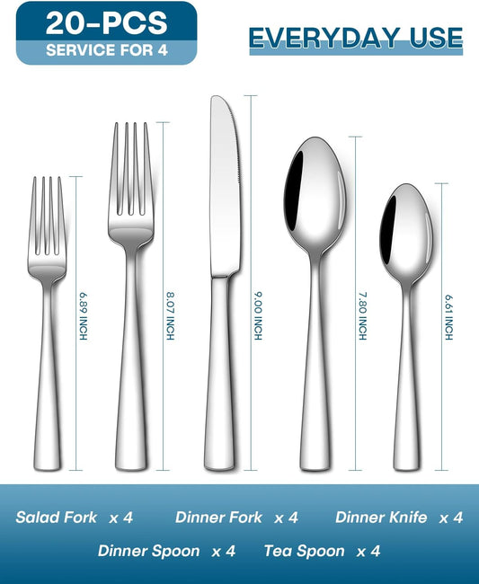 Stapava 20 Piece Silverware Set, Food-Grade Stainless Steel Flatware Sets for 4 Mirror Polished Cutlery Utensil Sets Include Dinner Knives Spoons and Forks Set Dishwasher Safe for Home Restaurant