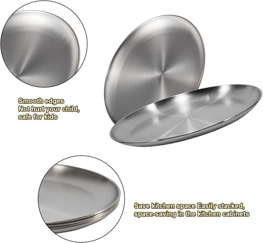 Sumerflos 304 (18/8) Stainless Steel Dinner Plates, 10" Round Salad Plates, Serving Plate for Home Kichten, Outdoor Camping, Snack, Pizza and BBQ - Set of 4