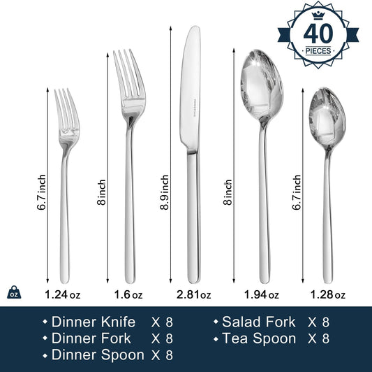 40 Piece Silverware Set, Flatware Set for 8, 18/10 Stainless Steel Cutlery Set Mirror Polished Modern Design Dishwasher Safe
