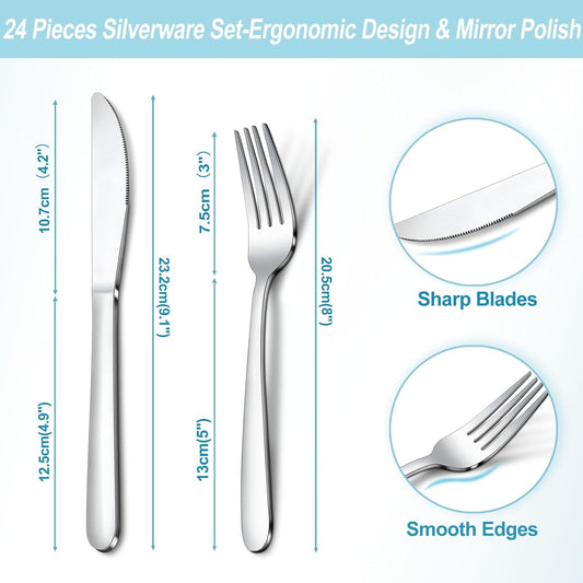 24-Piece Forks and Knives Set for 12, Food-Grade Stainless Steel Silverware Set with 12 Dinner Knives & 12 Forks, Mirror Polished Fork Silverware, Butter Knife and Metal Fork, Dishwasher Safe