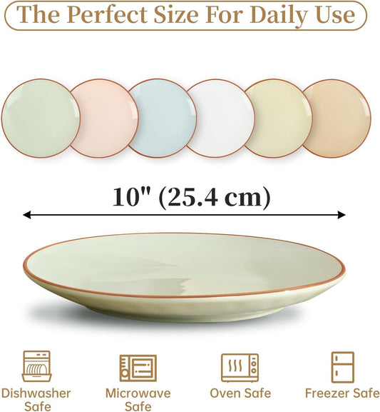 Dinner Plates Ceramic Set of 6, Large 10 Inch Cute Fiesta Plates, Colorful Modern Serving Dishes for Salad Pasta Steak and Kids Daily Meals, Microwave Dishwasher Safe, Assorted Candy Hue