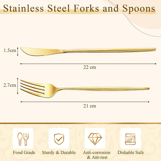 100 Pcs Gold Forks and Knives Cutlery Set Stainless Steel Steak Knives Forks Flatware Royal Silverware Set for Wedding Party Restaurant Dishwasher Safe