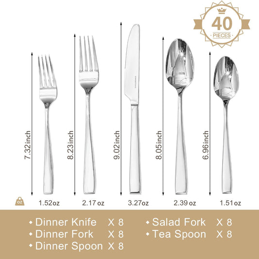 Mirror Polish Silverware Set for 8, 40-Piece 18/10 Stainless Steel Flatware Set, Dishwasher Safe Cutlery Set for Wedding, Home, Restaurant, Knives Spoons and Forks Set