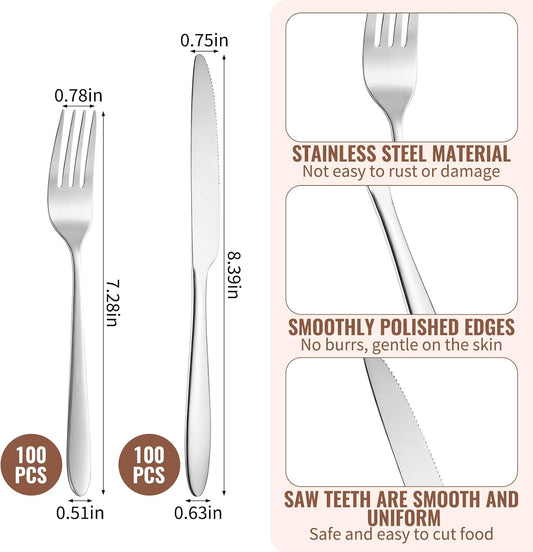 200 Pcs Stainless Steel Silverware Set, 100 Dinner Forks and 100 Knives, Flatware Cutlery Set, Mirror Polished Dishwasher Safe Tableware for Home, Restaurant, Catering and Kitchen