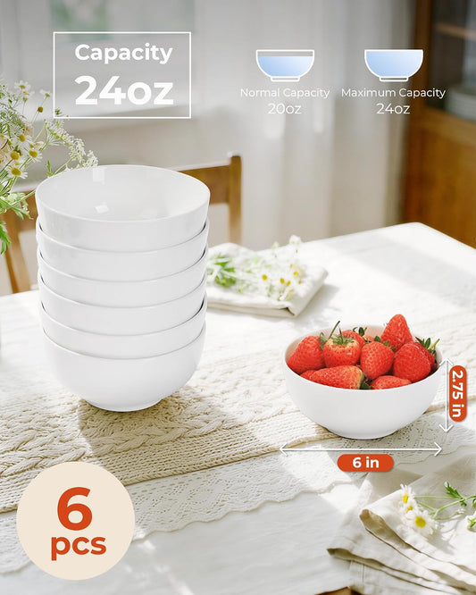 Quatish 6-Piece Cereal Bowls,24 OZ Soup Bowl,Durable Ceramic Bowls,White | Easy to Clean,Microwave & Dishwasher Safe,Ramen,Salad,Rice,Snacks,Desserts,Fruit,Kitchen,Rice,Ice Cream,Noodle,Porcelain