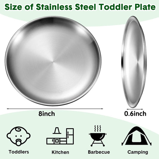 Honeydak 10 Pcs Stainless Steel Plates 8 Inch 304 Metal Dinner Plates Unbreakable Dish Camping Plate Reusable 18/8 Silver Round Plate Non Toxic Dishwasher Safe Double Layers Serving Salad Dessert