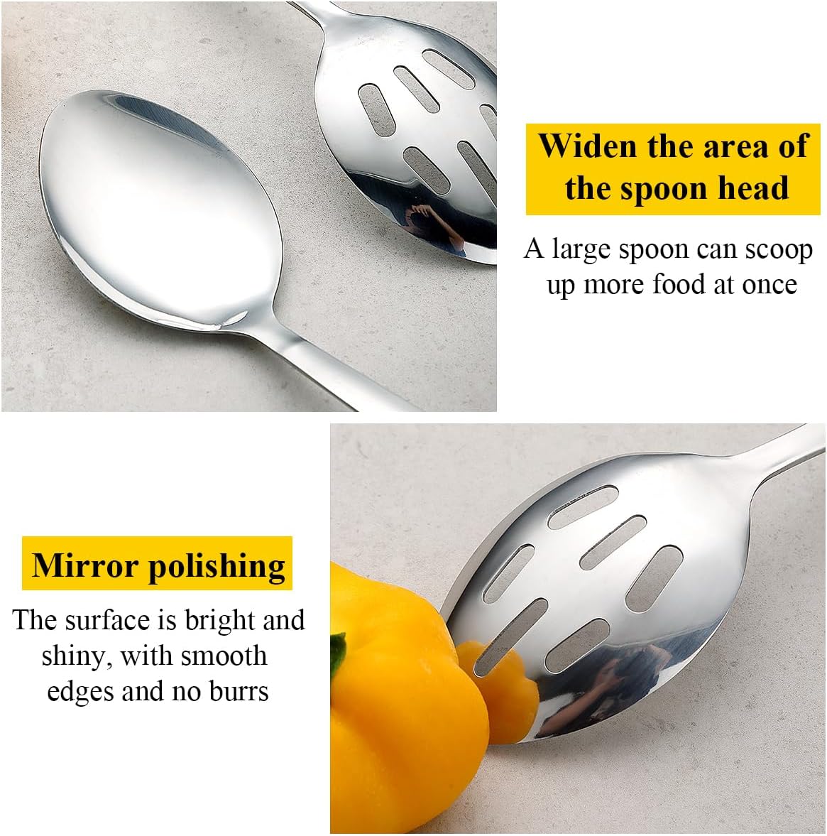 Kyraton Cooking Spoon Set, Stainless Steel Kitchen Cooking Serving, Solid Spoon, Slotted Spoon, Heat Resistant Handle, Dishwasher Safe, Easy to Clean