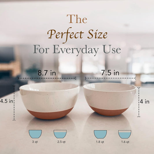 Mora Ceramic Large Mixing Bowls - Set of 2 Nesting Bowls for Cooking, Serving, Popcorn, Salad etc - Microwavable Kitchen Stoneware, Oven, Microwave and Dishwasher Safe - Extra Big 2.5 & 1.6 Qt - White