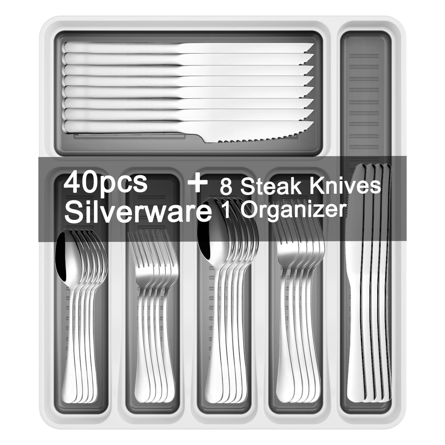 49-Piece Silverware Set with Organizer, Stainless Steel Flatware Utensils Set for 8, Forks and Spoons Silverware Set Cutlery Set with Steak Knives, Dishwasher Safe