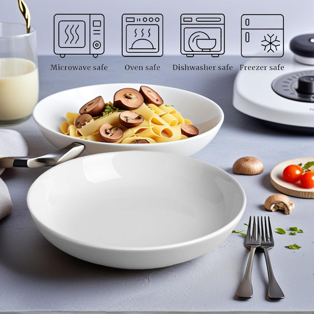DeeCoo 7 Pack Porcelain Pasta Bowls Ceramic , Large Serving Bowl, Wide and Shallow, Set 8.3 Inch - 30 Ounce - for Pasta, Salad, Cereal, Soup & Microwave & Dishwasher Safe