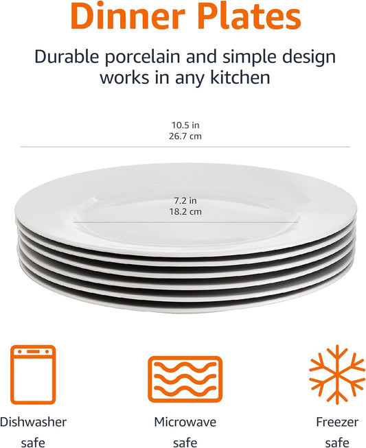 Amazon Basics 6-Piece White Dinner Plate Set, Microwave and Dishwasher Safe for Everyday Use, 10.5 inches
