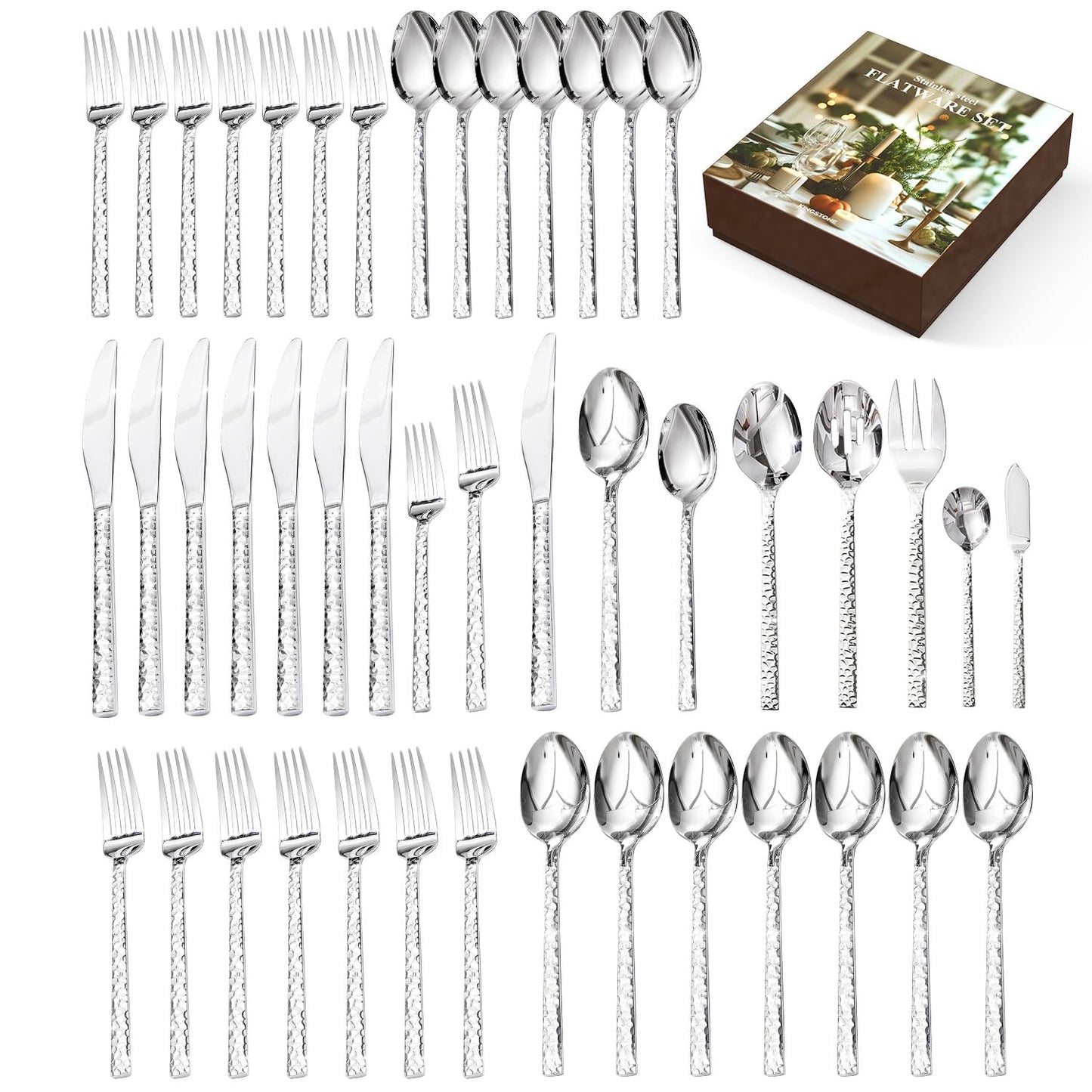 40 Piece Hammered Silverware Set, 18/10 Stainless Steel Flatware Set for 8 | KINGSTONE Mirror Polished Knives Forks Spoons Utensils, Cutlery Set for Home, Party, Wedding, Housewarming, Dishwasher Safe