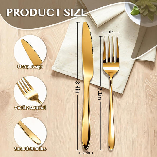 100 Pcs Stainless Steel Set Include 50 Dinner Forks and 50 Steak Knives Metal Butter Knives Forks Flatware Tableware Cutlery Set for Home Restaurant Wedding Parties Kitchen Gold