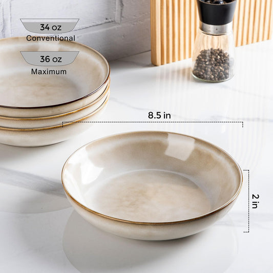 AmorArc 8.5’’ Ceramic Pasta Bowls Set of 4, 36oz Large Stoneware Bowls Set | Large Dinner Serving Bowls Set, Wide Bowl Plate for Pasta,Salad, Soup, Microwave Safe, Reactive Glaze-Cappuccino