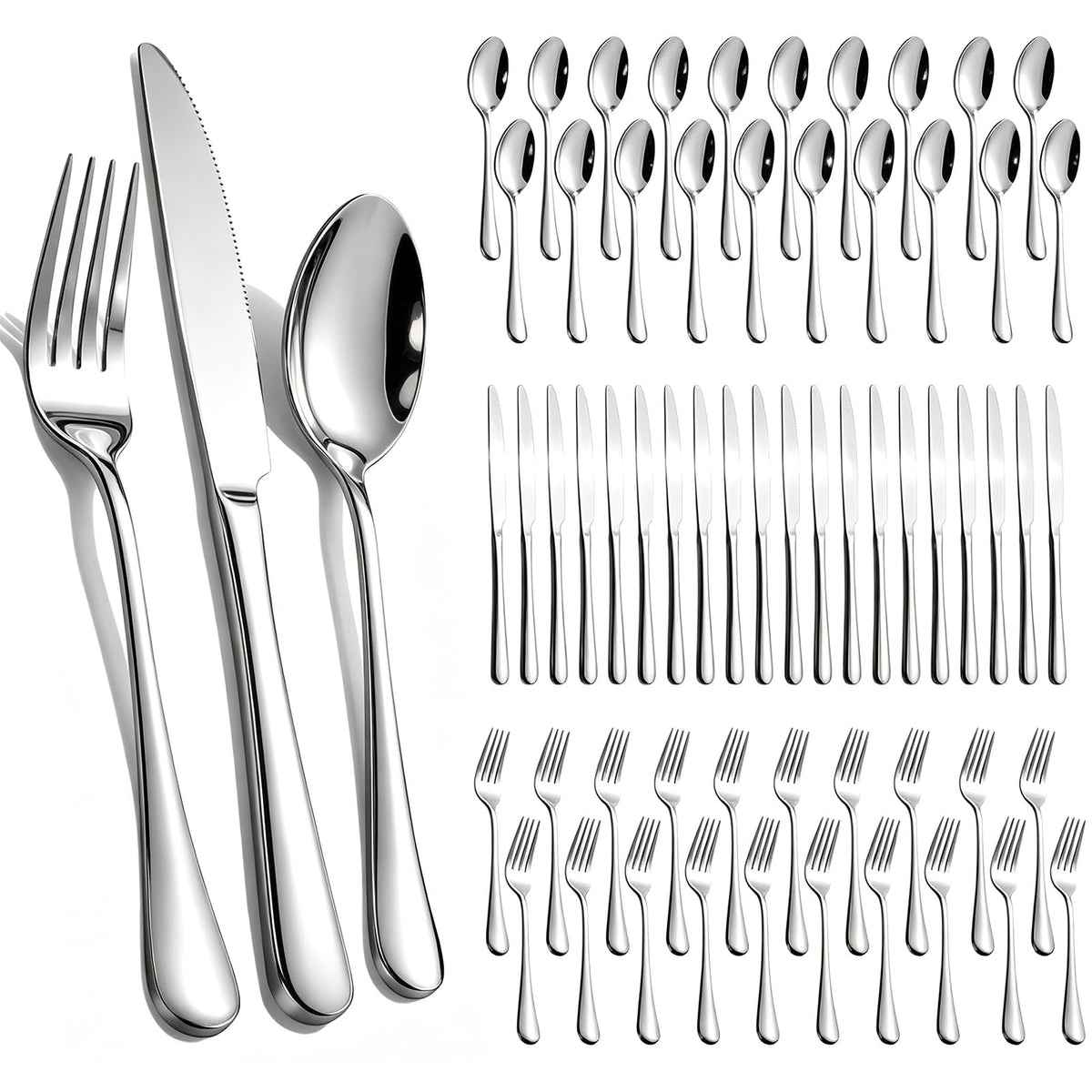 60-Piece Silverware Set for 20 - Stainless Steel Flatware Cutlery Set, Mirror Polished Flatware Set Include Forks Spoons Knives for Home Wedding Restaurant, Dishwasher Safe, Silver, 60 PCS