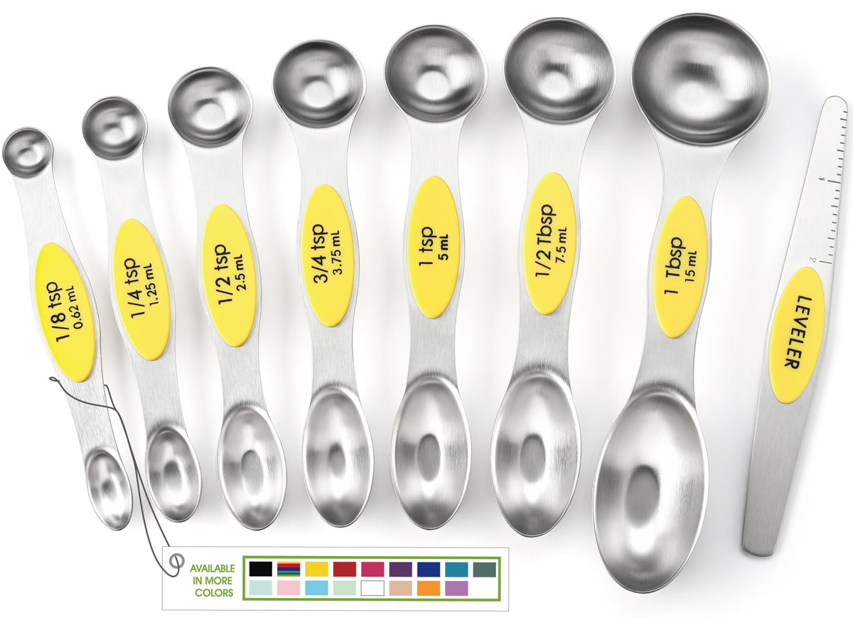 Spring Chef Magnetic Measuring Spoons Set of 8 for Kitchen, Multicolor | Stainless Steel Teaspoon & Tablespoon Measuring Spoons with Leveler for Dry & Liquid Ingredients, Dual Sided, Dishwasher Safe