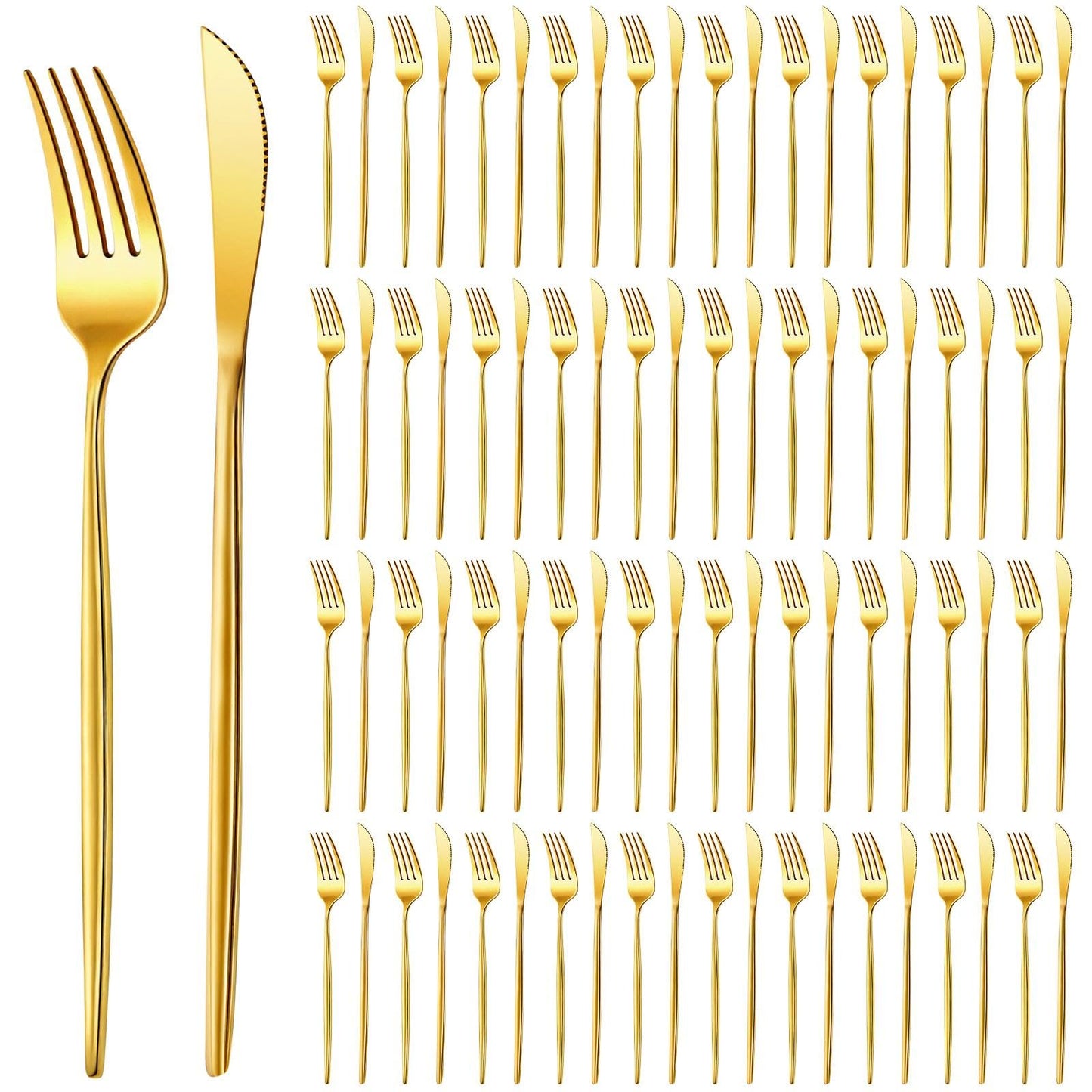 100 Pcs Gold Forks and Knives Cutlery Set Stainless Steel Steak Knives Forks Flatware Royal Silverware Set for Wedding Party Restaurant Dishwasher Safe