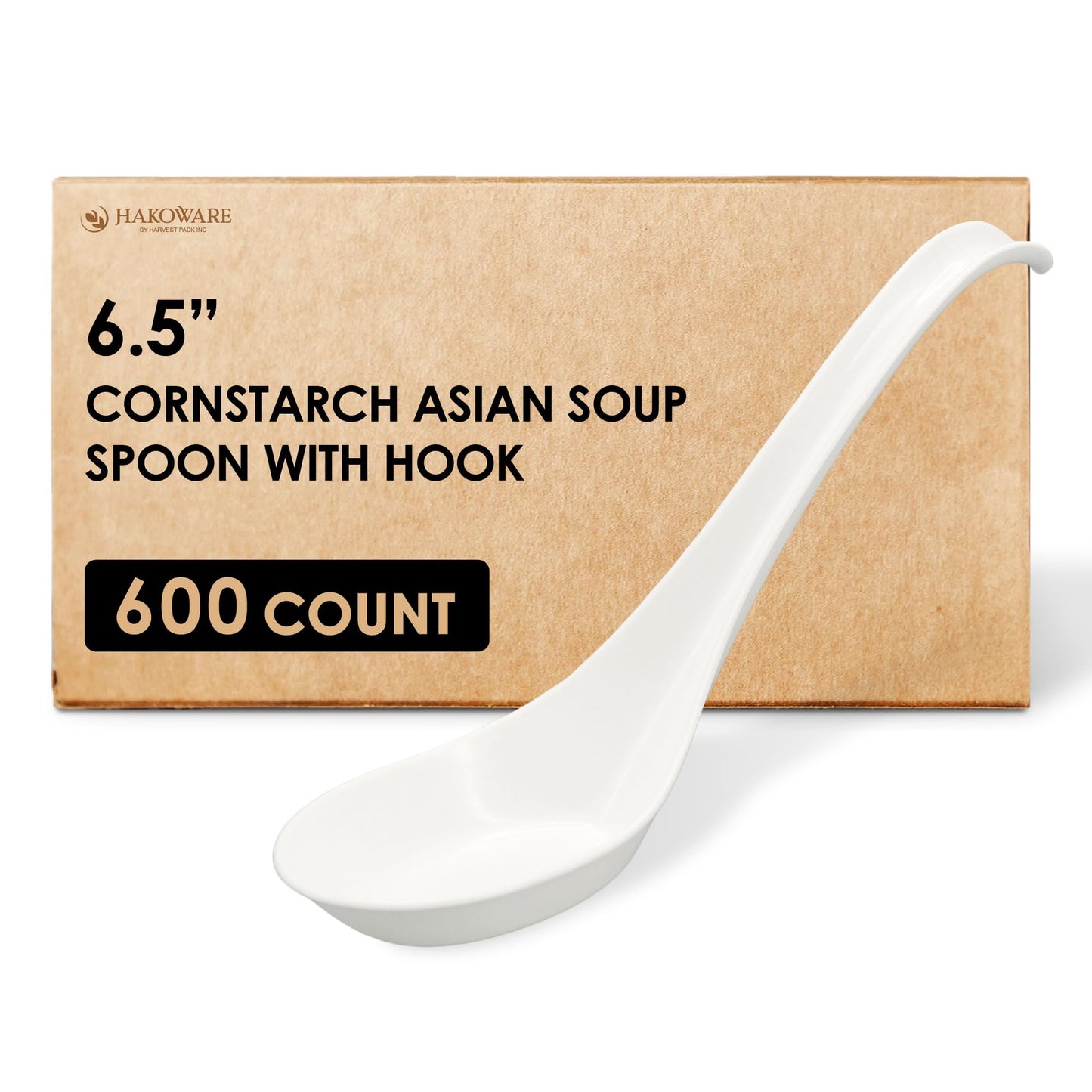 Disposable PLA Cornstarch Asian Soup Spoons with Hook Plastic-Free, 600 PK | Anti-Slip Hook Design,Eco-friendly,Heavy Duty,Crystalized,Take-out,Ramen,Pho,Noodles,Hot Soup,Hakoware,Chinese,Wonton,Cutlery