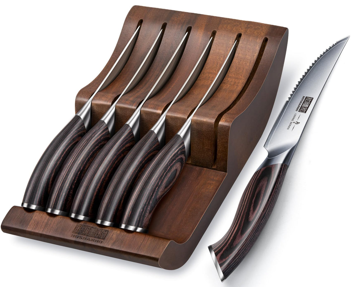 HOSHANHO Steak Knives Set of 6, Ultra Sharp 4.5 In Serrated Steak Knife Set | Japanese High Carbon Stainless Steel Kitchen Steak Knives with Ergonomic Pakkawood Handle, Ideal Gifts