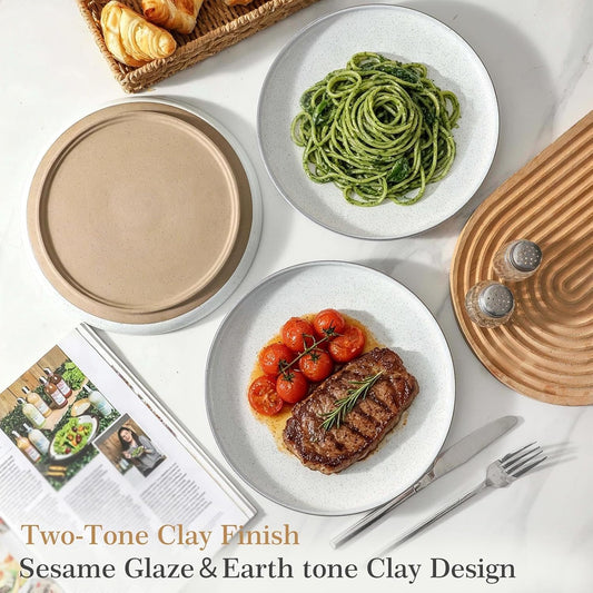 Ceramic Dinner Plates Set of 4 with High Edges, 10 Inch Glacier White Plates for Salad, Pasta and Steak, Oven&Dishwasher Safe, Stoneware Plates with Matte Terracotta Base, Porcelain,Scratch Resistant