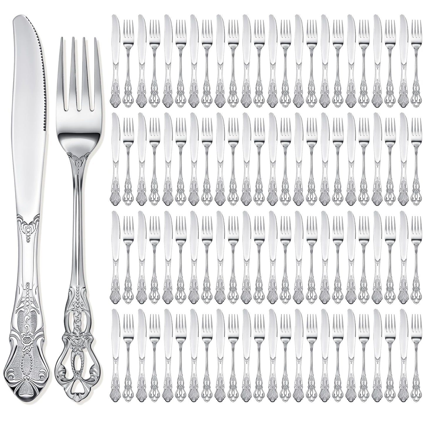 100 Pcs Forks and Knives Cutlery Set Stainless Steel Steak Knives Forks Flatware Royal Silverware Set for Wedding Party Restaurant Dishwasher Safe (Gold)