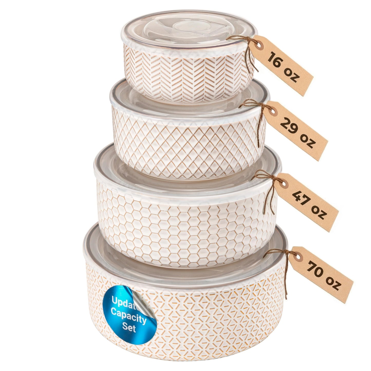 KooK Serving Bowls, with Lids, Ceramic Nesting Bowls, Set of 4, Embossed, Kitchen, Prep, Stackable, Gift, Microwave and Dishwasher Safe, 16/29/47/70 oz, Narbonne Collection (Ivory)