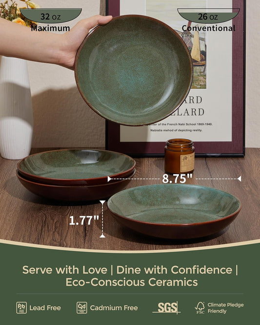 8.75 Inch Large Ceramic Pasta Bowls, 32 Oz Reactive Glaze Stoneware Pasta Serving Bowls Set of 4 for Kitchen, Wide Bowls for Fruit,Pasta,Salad,Soup, Scratch Resistant-Brown and Green
