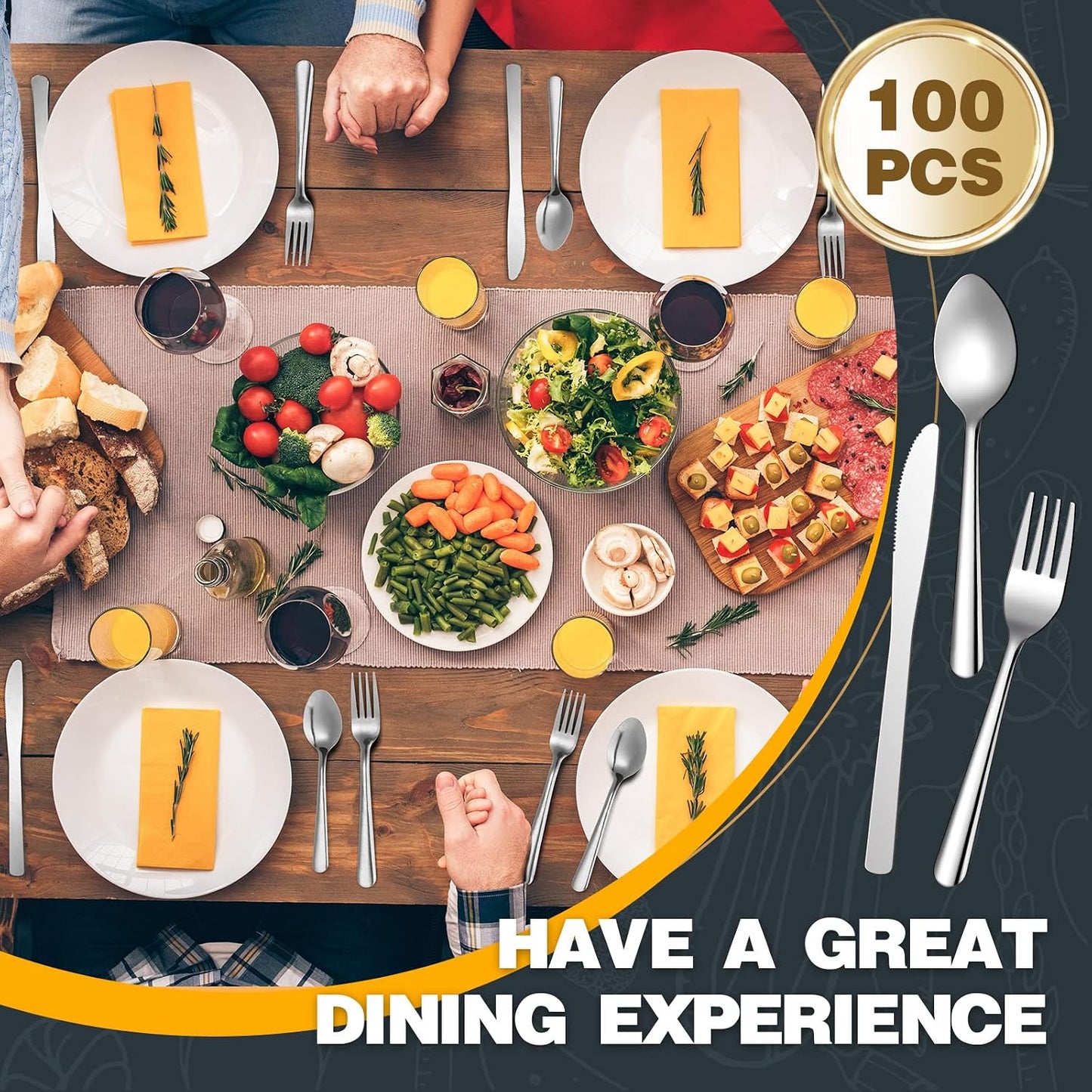 BBTO 100 Pcs Silverware Set for 33 Stainless Steel Flatware kit Mirror Polished Kitchen Utensils Cutlery Set with Square Edge Include 33 Spoon and Knife 34 Fork Tableware for Home, Dishwasher Safe