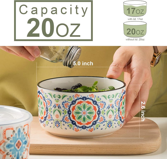 Ceramic Bowl with Lid, Microwave Safe, Set of 4 | Food Storage Containers for Soup, Meal Prep, Cereal, Salad Leftovers - Picnic, Camping, Office Lunch - 20 oz, B-Pattern