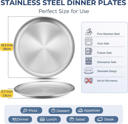 Homikit 6 Pack Stainless Steel Plate Set, 10.2 Inch Metal Dinner Plates for Kids Children Adult, Round Camping Plates for Serving Dishes Dessert Salad, Reusable & Unbreakable, Dishwasher Safe
