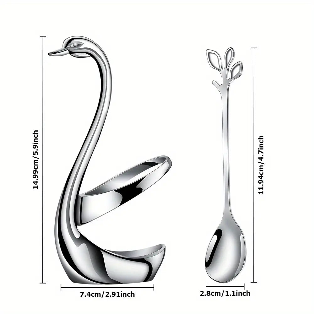 10Pcs Stainless Steel Spoons Dinnerware Set with Decorative Swan Spoon Holder Set Coffee Spoon Organizer Multifunctional Swan Base Spoon Holder for Coffee Dessert Salad