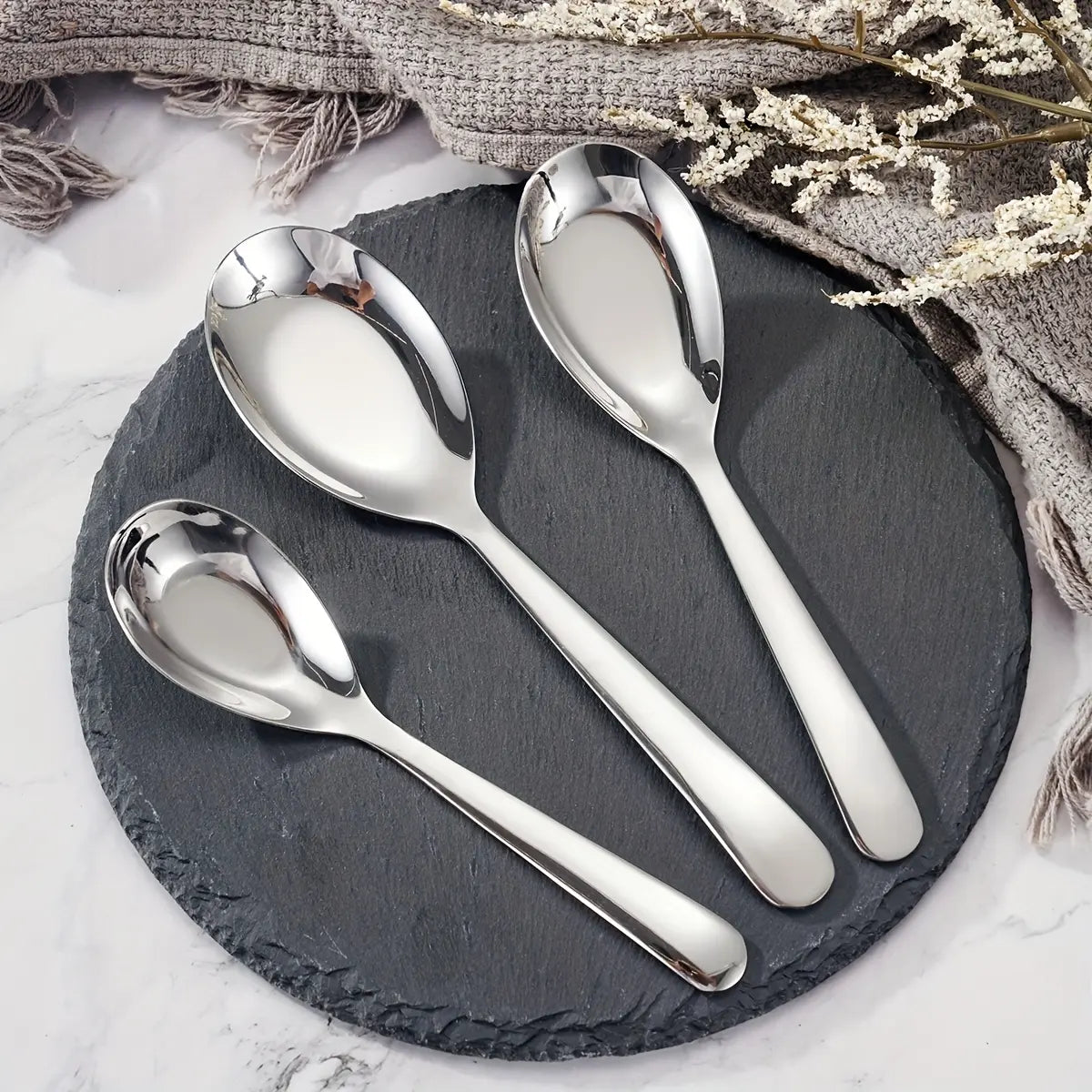 3Pcs Stainless Steel Soup Spoon Set Premium Aesthetic Tableware Silverware for SpoonTok Dessert Cake Wedding Christmas Family Dinner, Suitable for outdoor use