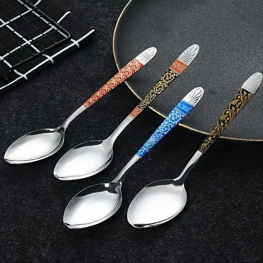 10pcs Random Color Patterns Stainless Steel Vintage Print Soup Spoons - Elegant Tableware Set with Durable Construction, Easy to Clean,Simple Milk Spoon, Modern Stirring Spoon, Reusable Spoon