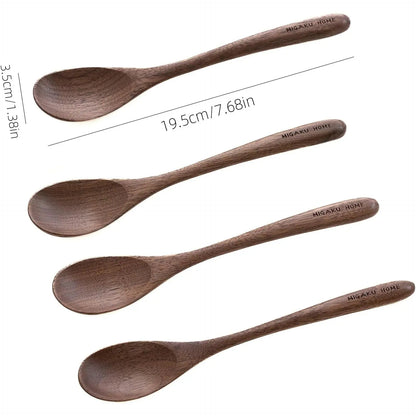 4-Piece Black Walnut Wooden Cutlery Set - Natural Wood Soup Spoons, Eco-Friendly Japanese Style Tableware Box Set for Cooking, Serving, Daily Dining
