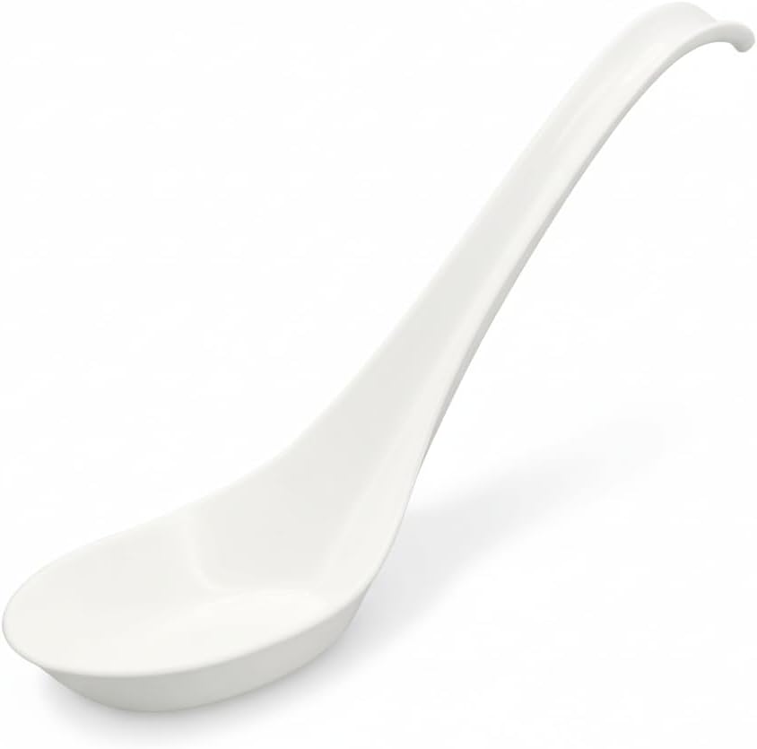 50 Pack Disposable Asian Soup Spoons with Hook – Eco-Friendly Cornstarch Spoons for Ramen Pho Noodle Bowls, Heavy Duty Takeout Spoons, BPA-Free