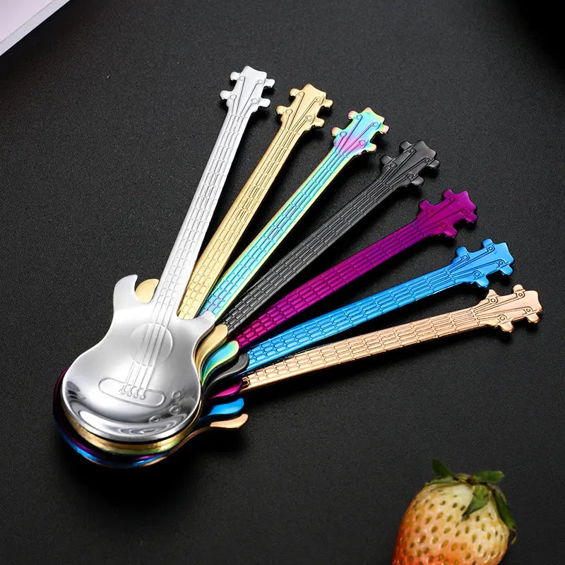 7pcs Stainless Steel Spoon Set, Guitar Shape Coffee Stirrer, Ice Bar Music Bar Spoon, Ideal for Home, Restaurant, Café, Party, Coffee Spoons
