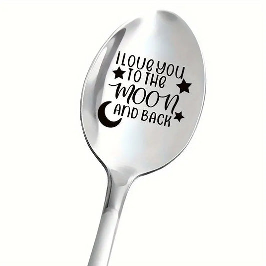 Stainless Steel Spoon Cutlery Tableware, 1 Count Letter Pattern Moon Back Coffee Spoon, Ice Cream Spoon, Tea Spoon, Dessert Spoon, Gift for Anniversary, Birthday, Party