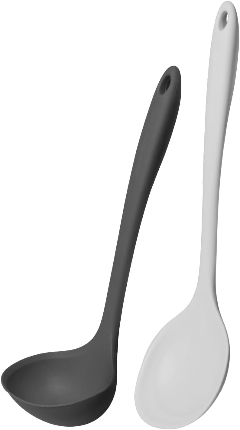 Kitchen Mama DuoEssentials Ladle & Cooking Spoon Set, Metal Gray | Silicone, Heat Resistant, One-Piece Design, For Nonstick Cookware, For Soup, Stirring, Serving & Sauteing