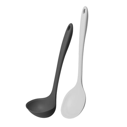 Kitchen Mama DuoEssentials Ladle & Cooking Spoon Set, Metal Gray | Silicone, Heat Resistant, One-Piece Design, For Nonstick Cookware, For Soup, Stirring, Serving & Sauteing