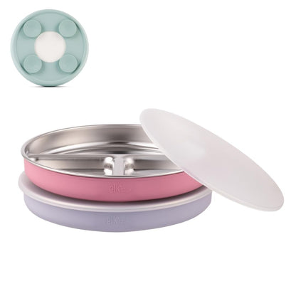 Elk and Friends Kids Stainless Steel Divided Plates with Silicone Suction Sleeves | Lids Included | Suitable for Babies/Toddlers | Dishwasher Safe | Stay Put Dinnerware | Snack Dishes | 4 Pack