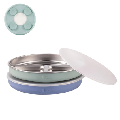 Elk and Friends Kids Stainless Steel Divided Plates with Silicone Suction Sleeves | Lids Included | Suitable for Babies/Toddlers | Dishwasher Safe | Stay Put Dinnerware | Snack Dishes | 4 Pack