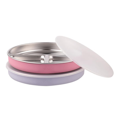 Elk and Friends Kids Stainless Steel Divided Plates with Silicone Suction Sleeves | Lids Included | Suitable for Babies/Toddlers | Dishwasher Safe | Stay Put Dinnerware | Snack Dishes | 4 Pack