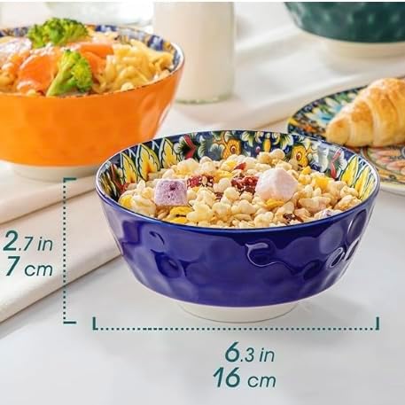 Cereal Bowls Set of 6,26 oz Ceramic Soup Bowls Bohemian Style | Colorful Porcelain Bowls for Salad, Pasta, Oatmeal, Rice, Fruit & Ice Cream – Microwave & Dishwasher Safe for Kitchen Decor