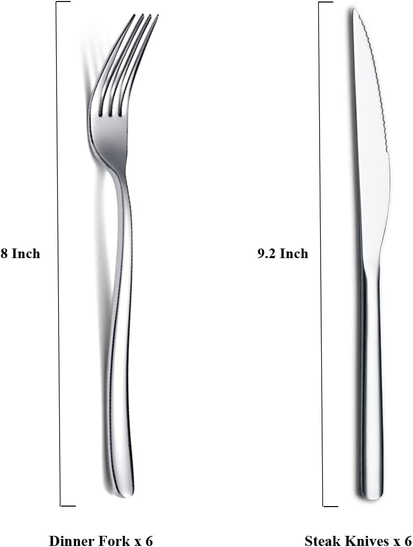 Steak Knives Set 12 Piece, Premium Stainless Steel 6 Dinner Forks and 6 Dinner Knives Set, Steak Knives Steak Forks for 6 Person, Mirror Polish, Dishwasher Safe (Shiny Silver)