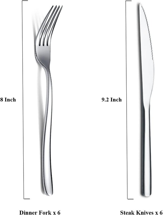 Steak Knives Set 12 Piece, Premium Stainless Steel 6 Dinner Forks and 6 Dinner Knives Set, Steak Knives Steak Forks for 6 Person, Mirror Polish, Dishwasher Safe (Shiny Silver)