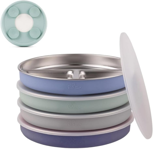 Elk and Friends Kids Stainless Steel Divided Plates with Silicone Suction Sleeves | Lids Included | Suitable for Babies/Toddlers | Dishwasher Safe | Stay Put Dinnerware | Snack Dishes | 4 Pack